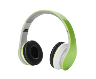 Photo of Stylish modern headphones with earmuffs on white background