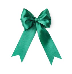 Photo of Green satin ribbon bow isolated on white, top view