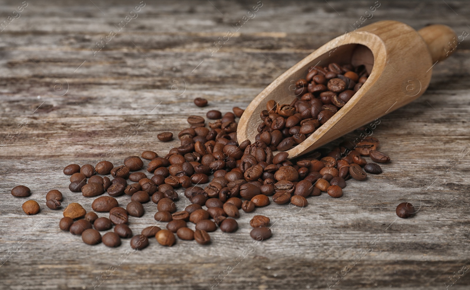 Photo of Scoop and coffee beans on wooden table