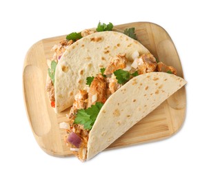 Photo of Delicious tacos with meat and parsley isolated on white, top view