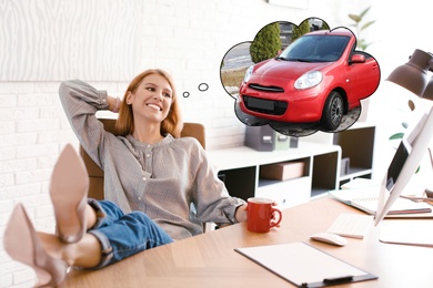 Image of Young woman with cup of drink dreaming about new car in office during break