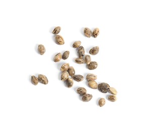 Photo of Hemp seeds on white background, top view