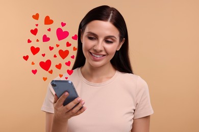 Image of Long distance love. Woman chatting with sweetheart via smartphone on dark beige background. Hearts flying out of device