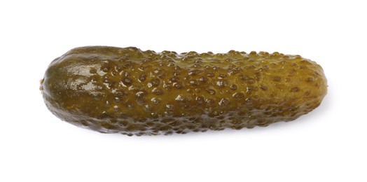 Photo of One tasty pickled cucumber isolated on white