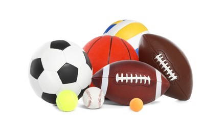 Image of Group of different sport balls on white background