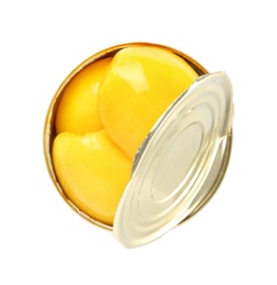 Photo of Open tin can of peaches isolated on white, top view