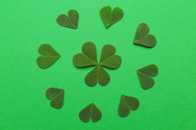 Photo of Composition with clover on green background, flat lay