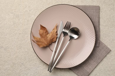 Photo of Stylish table setting with cutlery and dry leaf on light surface, top view