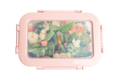 Photo of Frozen vegetables in plastic container isolated on white, top view