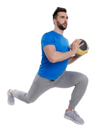 Photo of Athletic man doing exercise with medicine ball isolated on white