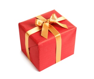 Photo of Beautifully wrapped gift box on white background
