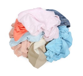 Photo of Pile of clothes isolated on white, top view