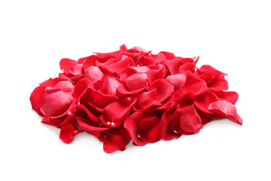 Photo of Pile of red rose petals on white background