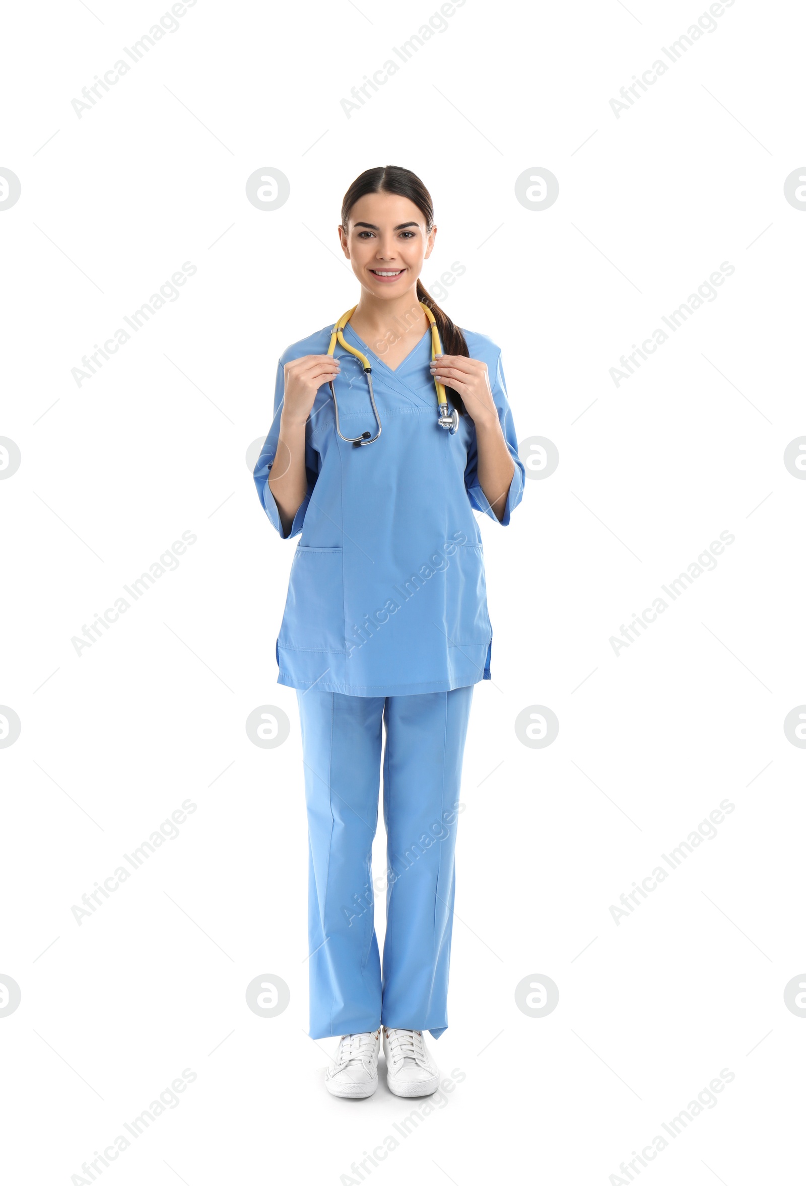 Photo of Full length portrait of medical assistant with stethoscope on white background