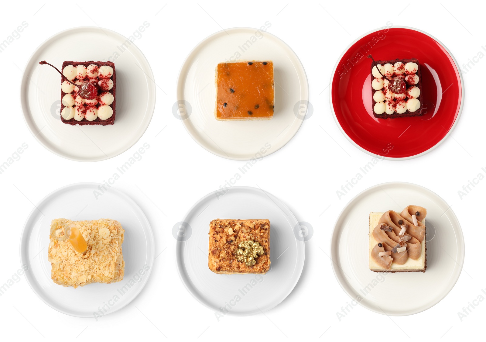 Set with different tasty cakes isolated on white, top view Image of Set with different tasty cakes isolated on white, top view