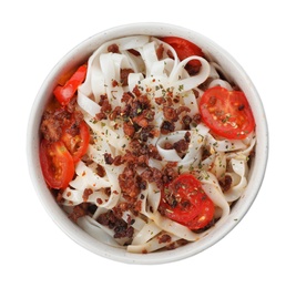 Photo of Bowl with rice noodles, meat and tomatoes on white background, top view