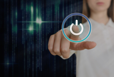 Image of Woman pressing power button on virtual screen, closeup 
