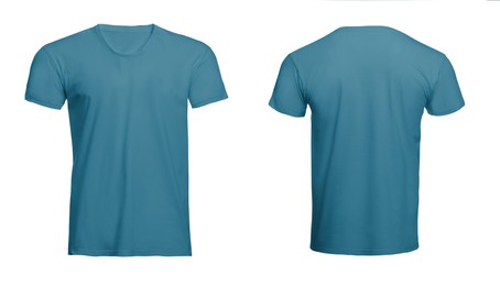 Image of Front and back views of light blue men's t-shirt on white background. Mockup for design