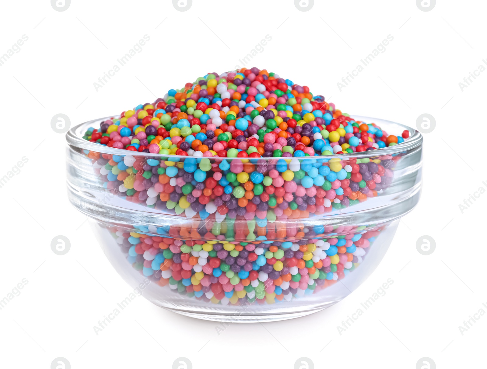 Photo of Colorful sprinkles in bowl on white background. Confectionery decor