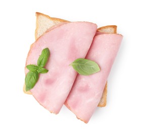 Photo of Delicious sandwich with ham isolated on white, top view