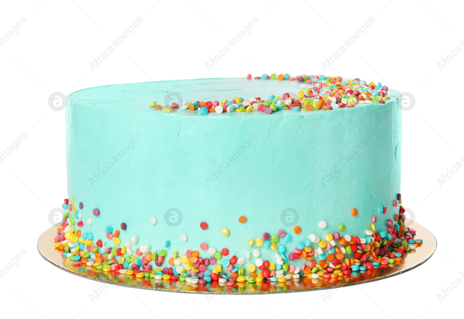 Photo of Fresh delicious birthday cake on white background