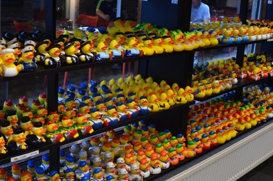 Amsterdam, Netherlands - June 18, 2022: Many toys on shelves in Duck Store