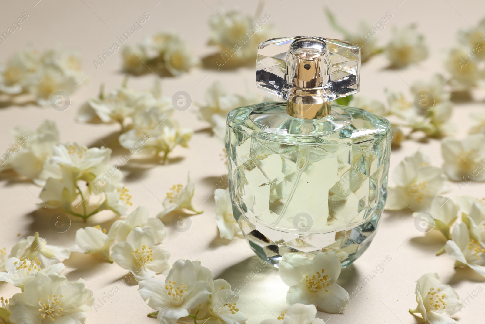 Photo of Bottle of aromatic perfume and jasmine flowers on beige background, closeup