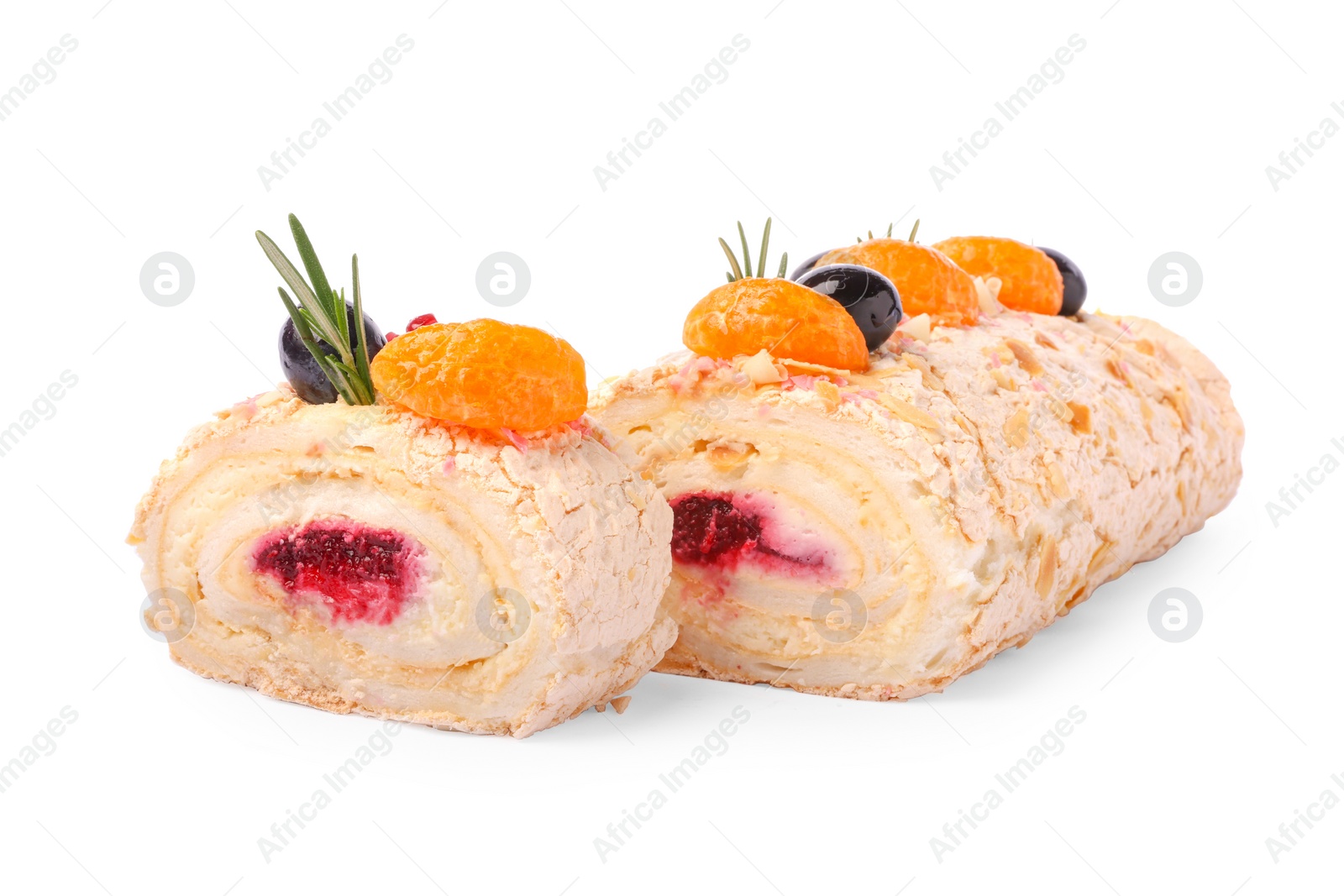 Photo of Tasty meringue roll with jam, tangerine slices and rosemary isolated on white