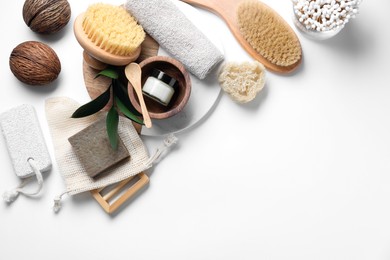 Photo of Bath accessories. Flat lay composition with personal care products on white background, space for text