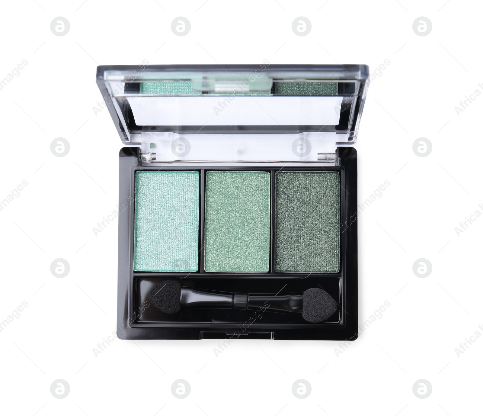 Photo of Beautiful eye shadow palette with brush isolated on white, top view