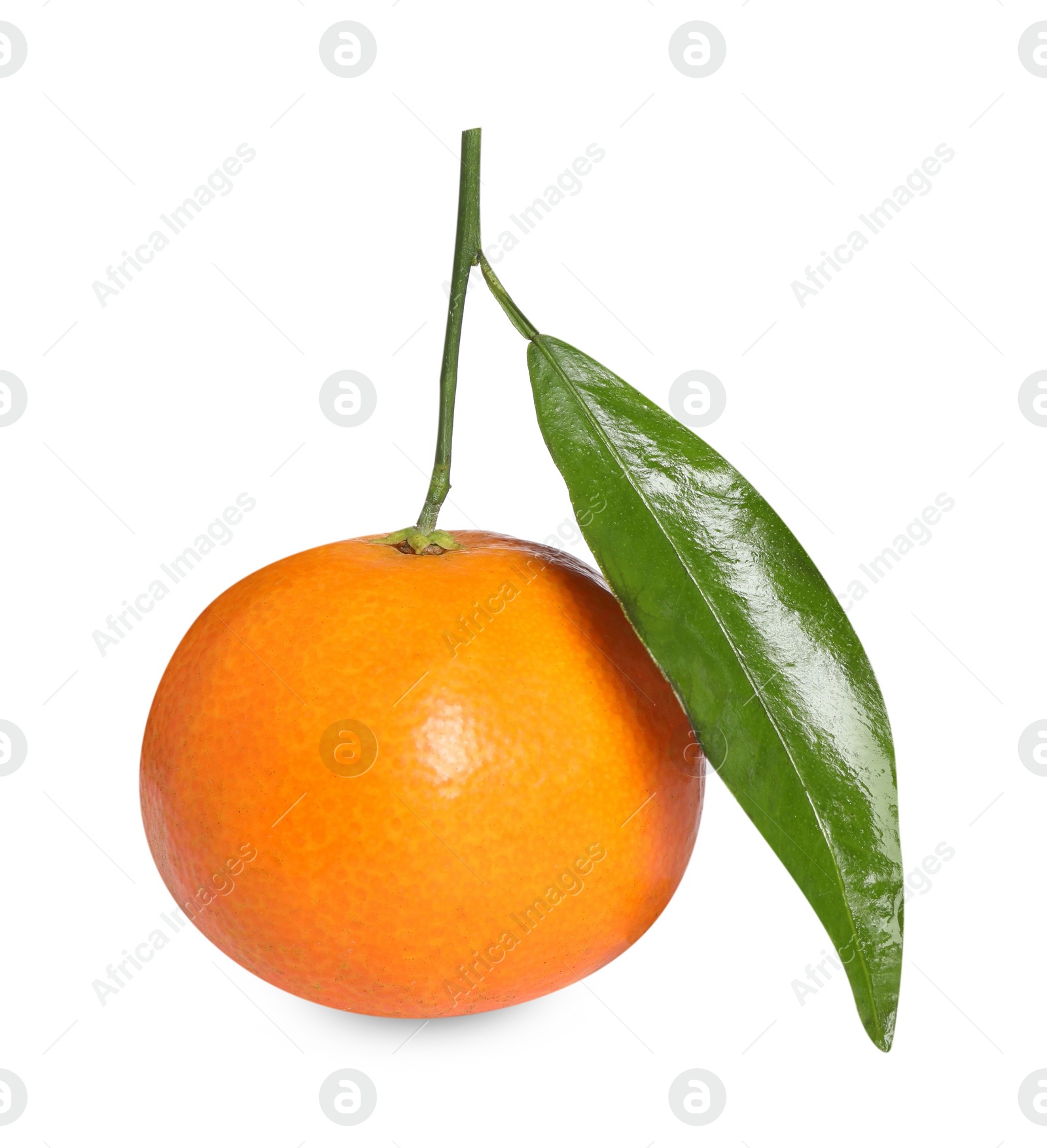 Photo of Fresh ripe juicy tangerine with green leaf isolated on white