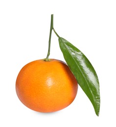 Photo of Fresh ripe juicy tangerine with green leaf isolated on white