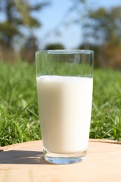 Photo of Glass of fresh milk on wooden board outdoors