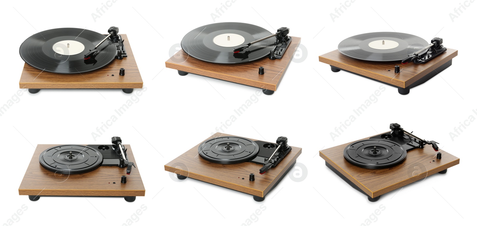 Image of Turntables with vinyl records on white background, collage. Banner design