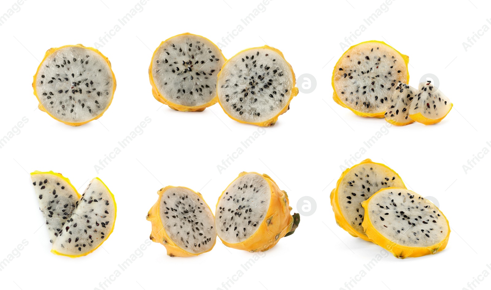 Image of Set with delicious yellow dragon fruits (pitahaya) on white background 