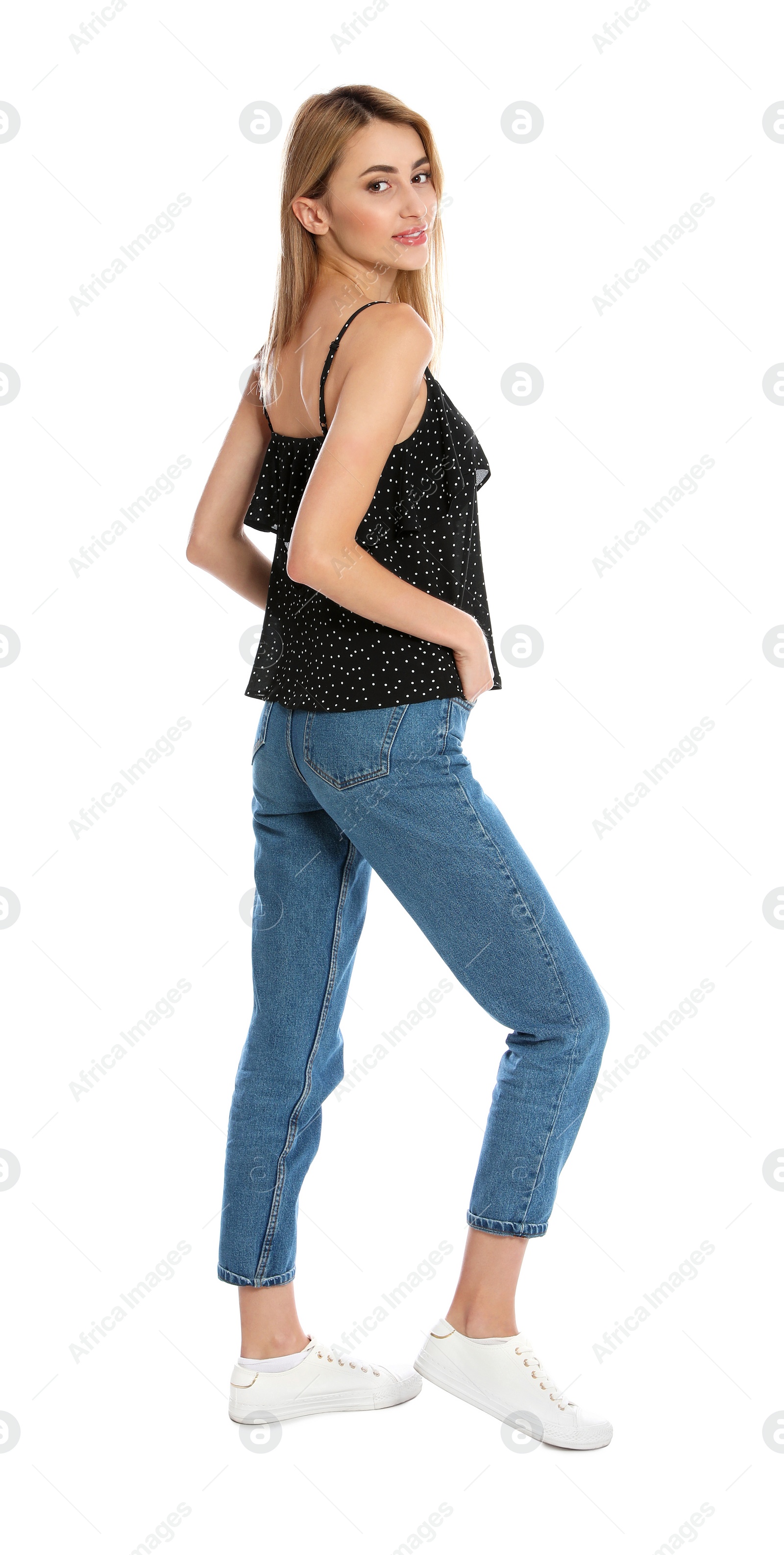 Photo of Beautiful young woman posing on white background