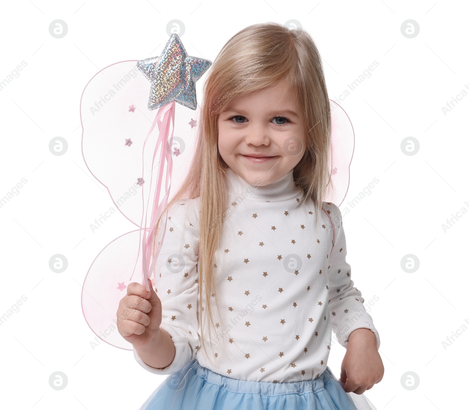 Photo of Cute little girl in fairy costume with pink wings and magic wand on white background