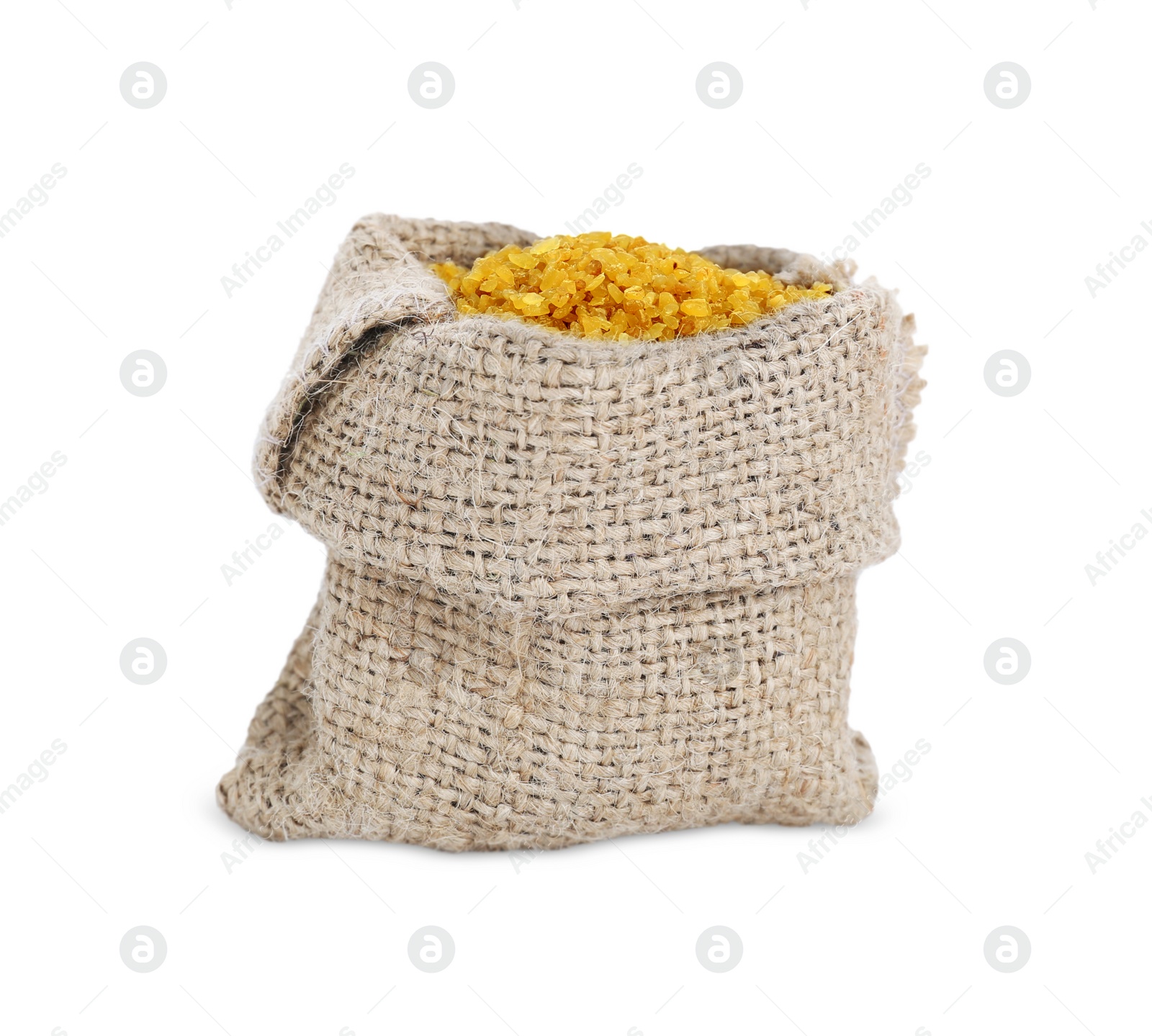 Photo of Sack with uncooked bulgur isolated on white