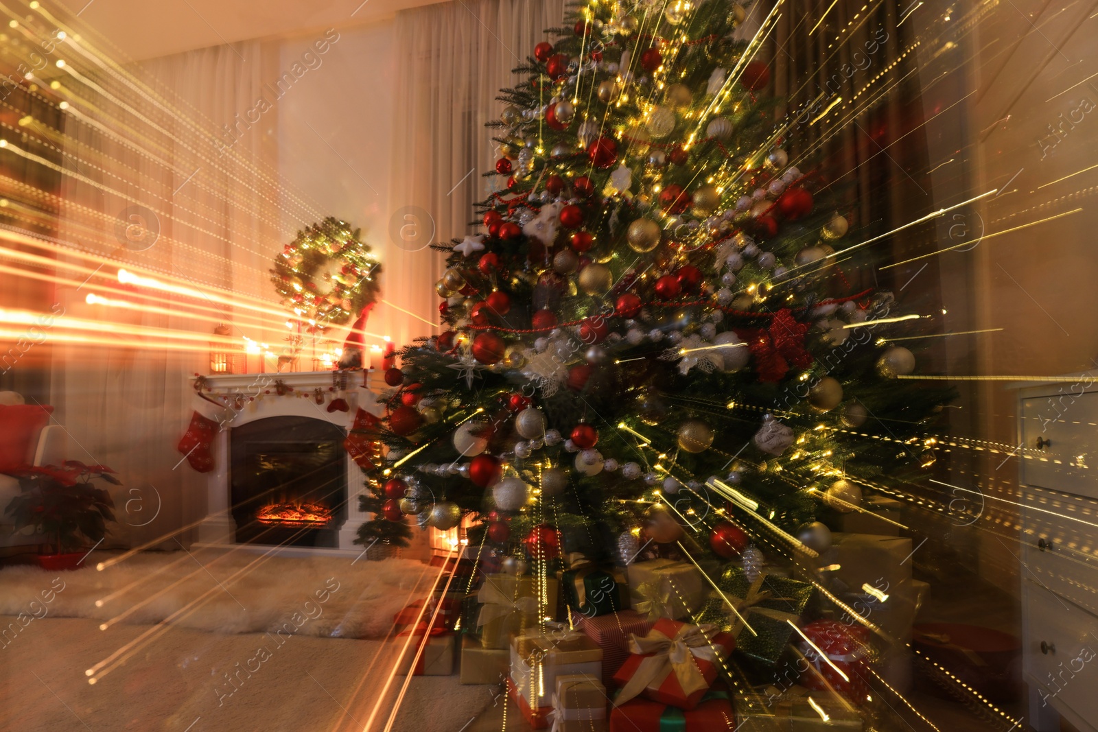 Photo of Festive living room interior with Christmas tree and fireplace, long exposure effect