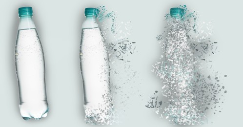 Image of Set with bottles of water vanishing on light background. Decomposition of plastic pollution, banner design