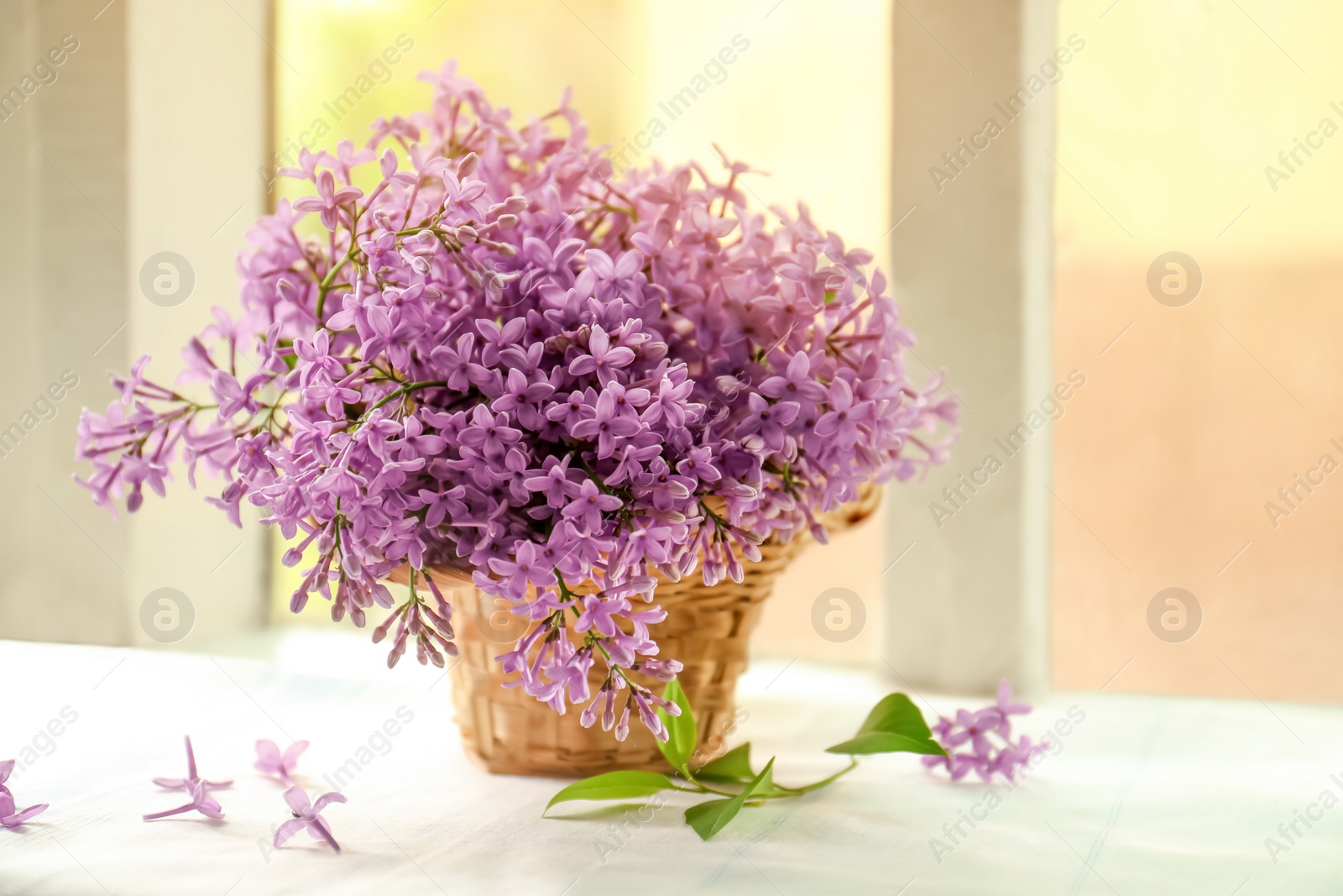 Photo of Beautiful lilac flowers in wicker basket on window sill indoors