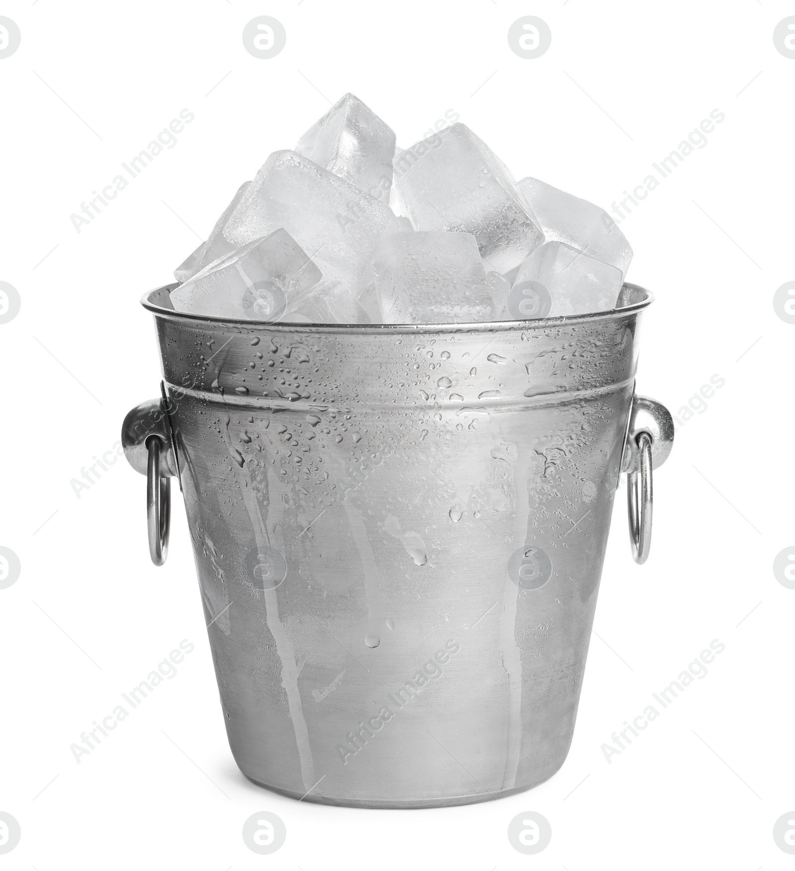 Photo of Metal bucket with ice cubes isolated on white