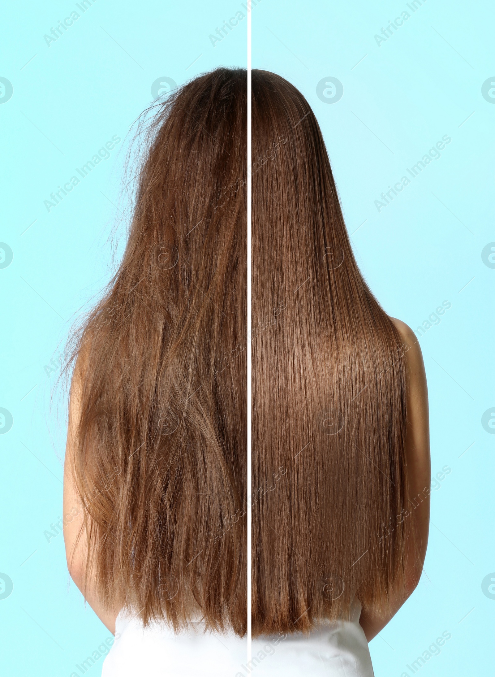 Image of Woman before and after washing hair with moisturizing shampoo on turquoise background, collage