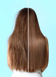 Image of Woman before and after washing hair with moisturizing shampoo on turquoise background, collage