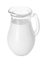 Photo of Glass jug of fresh milk isolated on white