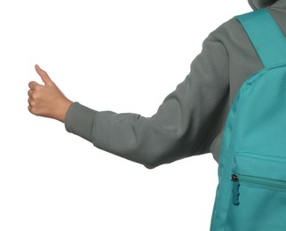 Photo of Woman with backpack hitchhiking on white background, closeup