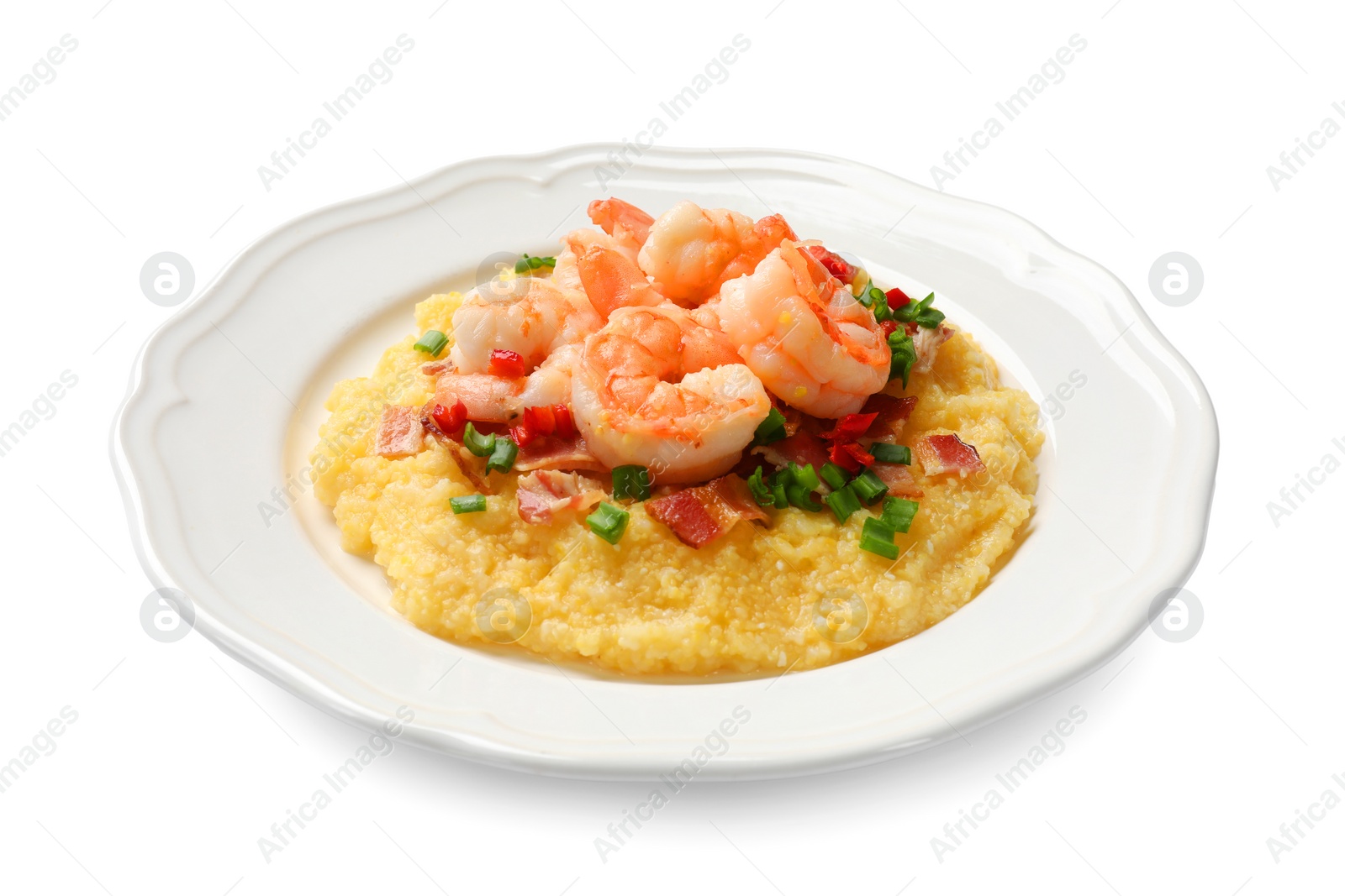 Photo of Plate with fresh tasty shrimps, bacon, grits, green onion and pepper isolated on white
