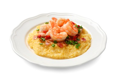 Plate with fresh tasty shrimps, bacon, grits, green onion and pepper isolated on white