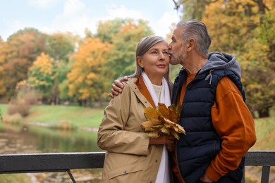Affectionate senior couple with dry leaves in autumn park, space for text