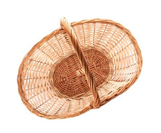 Photo of Wicker basket with handle isolated on white, top view